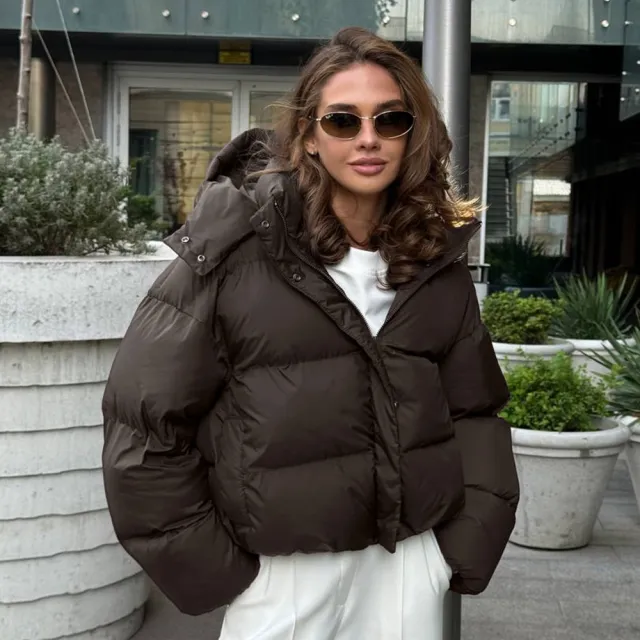 Cotton padded Loose Coat Short Pocket Cap Jacket Coffee - Shop at LoveMi