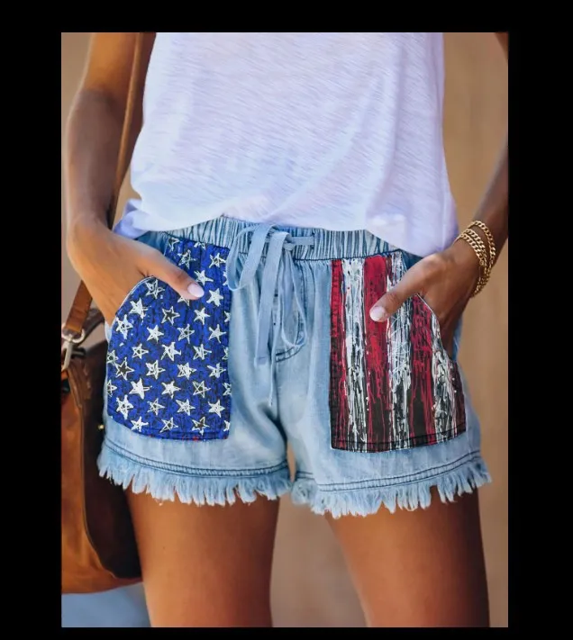 High waisted Drawstring Fringe Denim Shorts For Women Light Blue - Shop at LoveMi