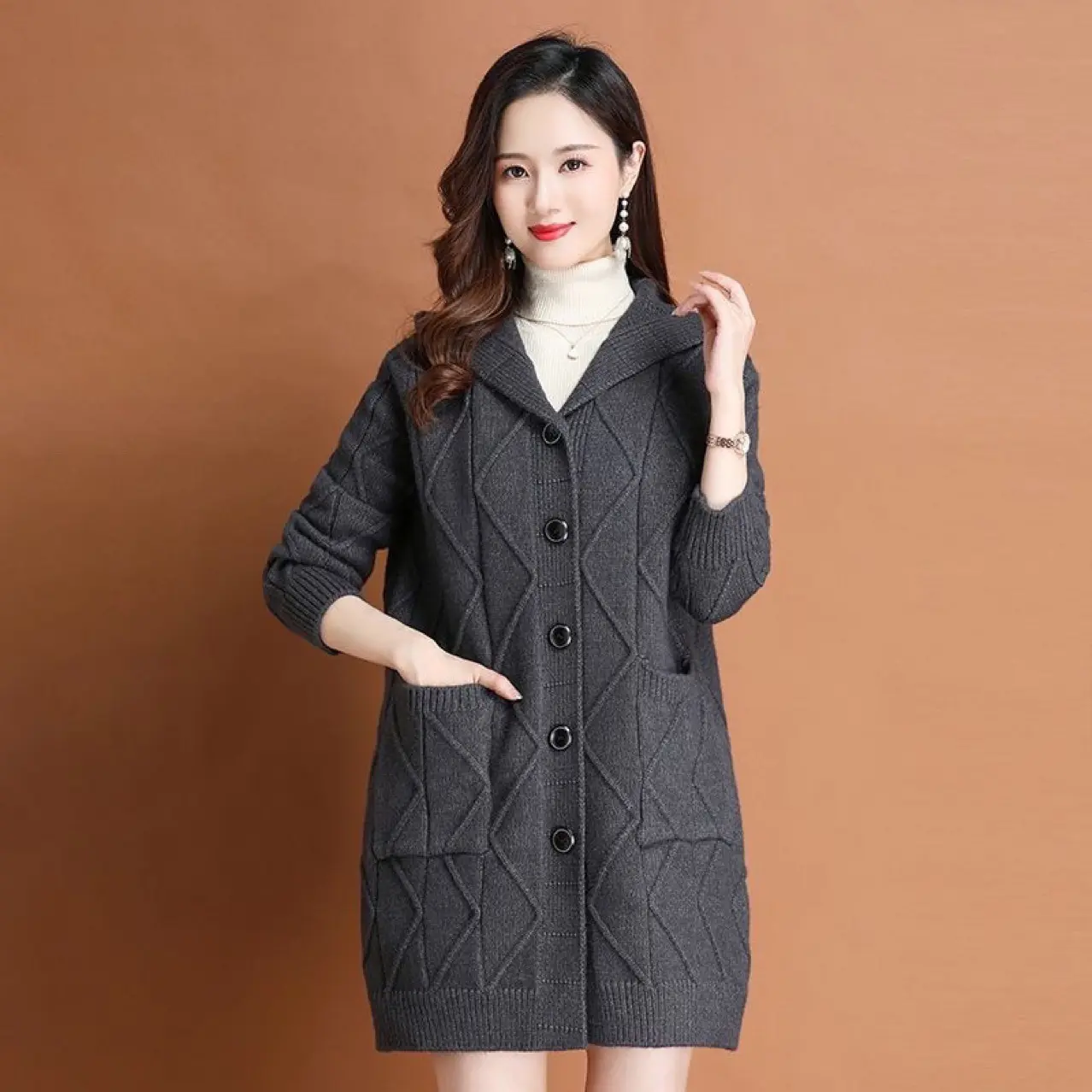 Womens Hooded Sweater Mid-Length Coat