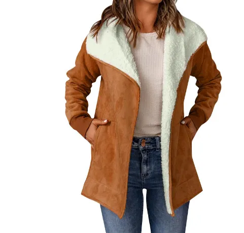 Women's Long-sleeved Suede Lambswool Warm Coat - Dark Brown