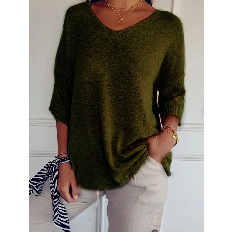 Knitwear Casual Sweater Slimming V-neckline 34 Sleeve Women's Bottoming Shirt - Olive Green