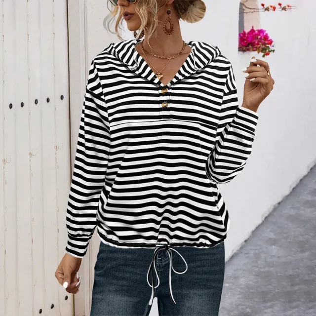 Button Striped Hooded Sweater For Women Black - Shop at LoveMi