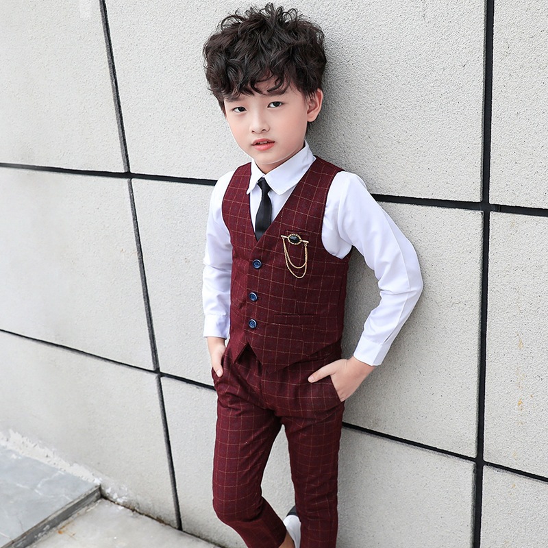 Wine Red Plaid Vest Suit