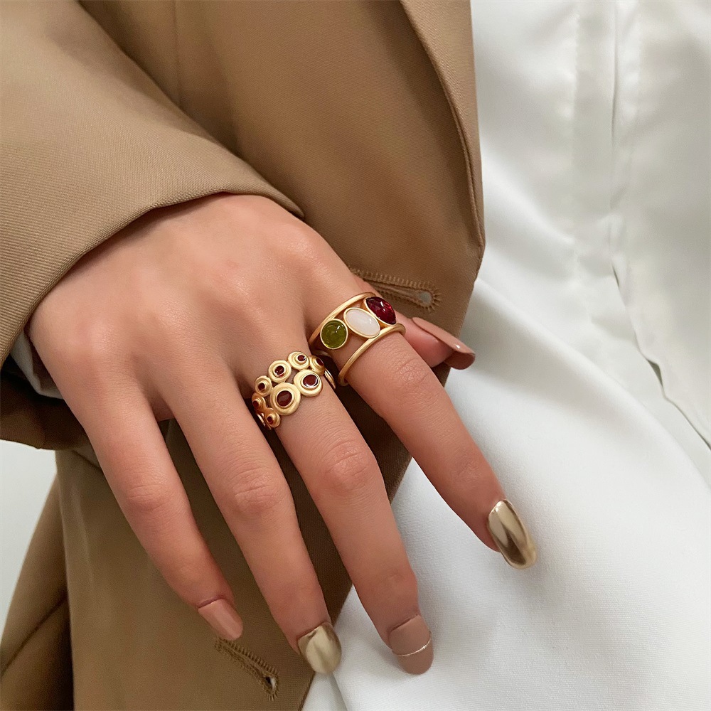 Ancient Fashion Colored Gems Ring Hollow Drip Glazed