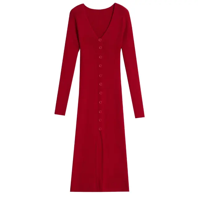 V neck Knitted Dress Slim Slimming Temperament Single breasted Hip wrapped Mid length Dress Wine - Shop at LoveMi