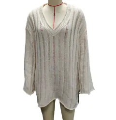 V-neck Long Sleeve Vertical Stripes Hollow Loose Fashion Sweater - Ivory - View 1