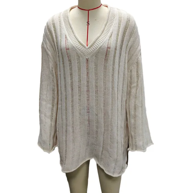 V neck Long Sleeve Vertical Stripes Hollow Loose Fashion Sweater White - Shop at LoveMi