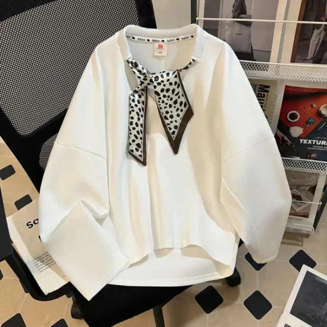Figure flattering American style Vintage Silk Scarf Loose fit Hoodie For Women White - Shop at LoveMi