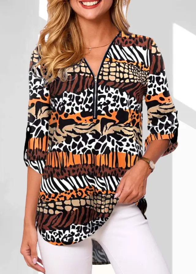 V neck Zipper Long Sleeve Rollable Sleeves Loose Shirt Element 3 - Shop at LoveMi