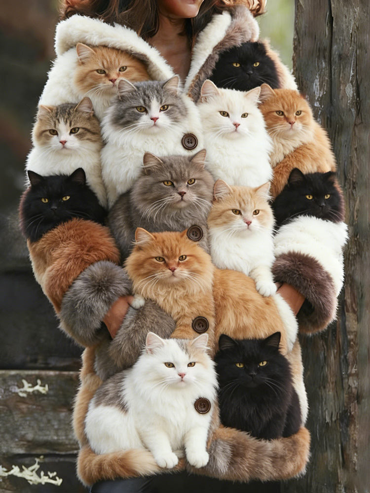 Casual 3D Cat-Print Hoodie Cloak Coat