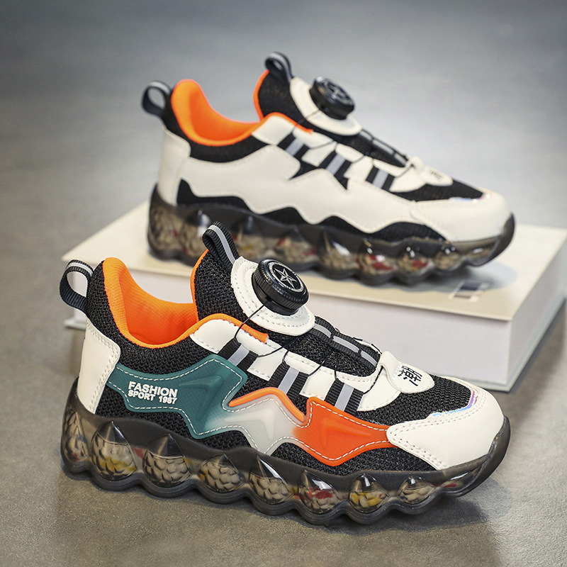 Boys’ Hollow Mesh Surface Breathable Leisure Sports Soft Bottom Running Shoes – Double Mesh Black Orange, 27