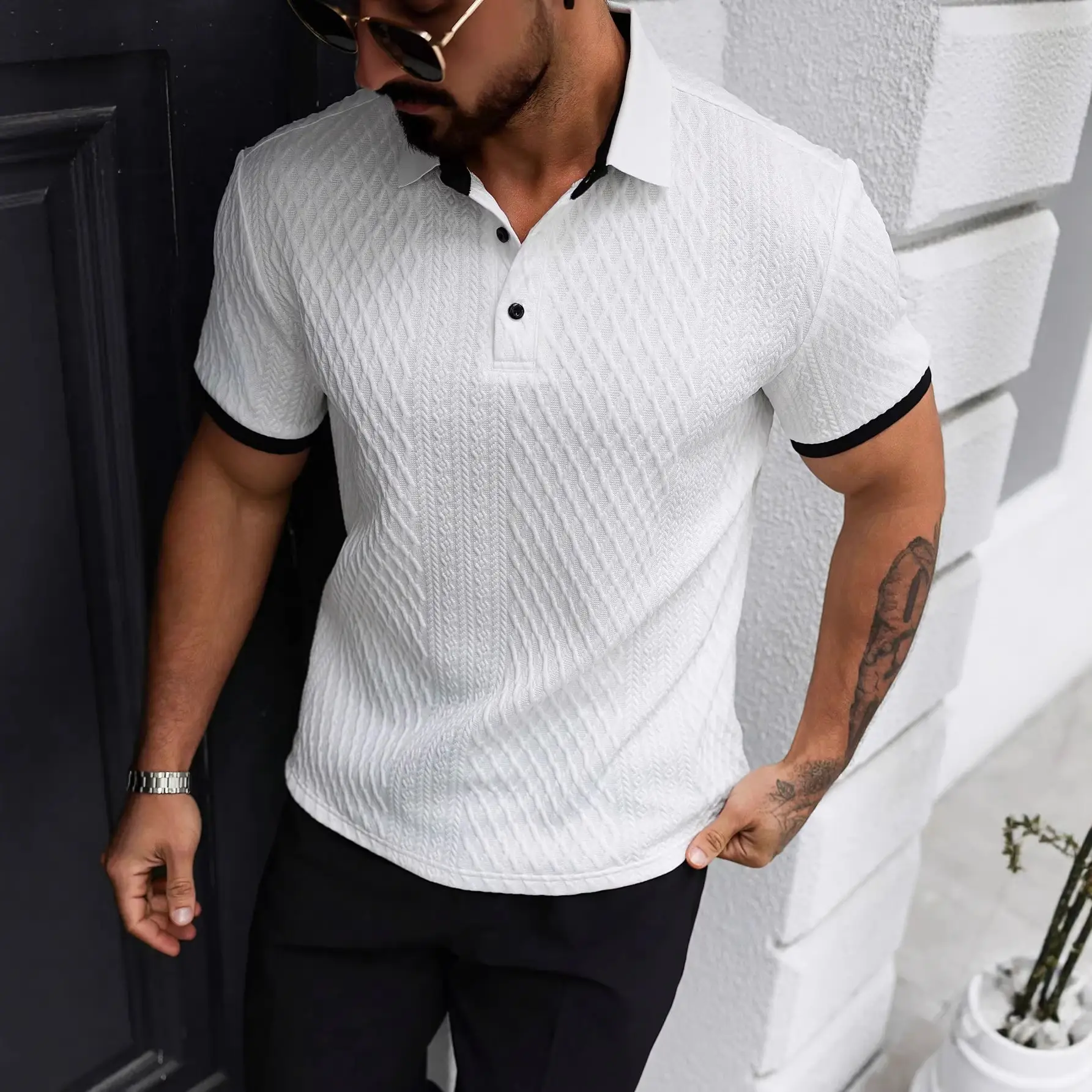 Mens Minimalist Color-block Knitted Top With Buttons