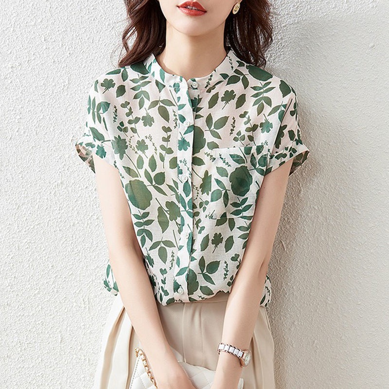 Chiffon Shirt Women's Short-sleeved Floral Top Fashionable Stylish French Printed Shirt Thin
