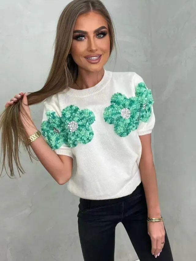 European And American Contrast Color Flower Sweet Pink Round collar Short Sleeve Sweater White And Green Flowers - Shop at LoveMi