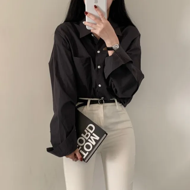 Solid Color Loose And Simple Shirt Casual Base White Shirt Black - Shop at LoveMi
