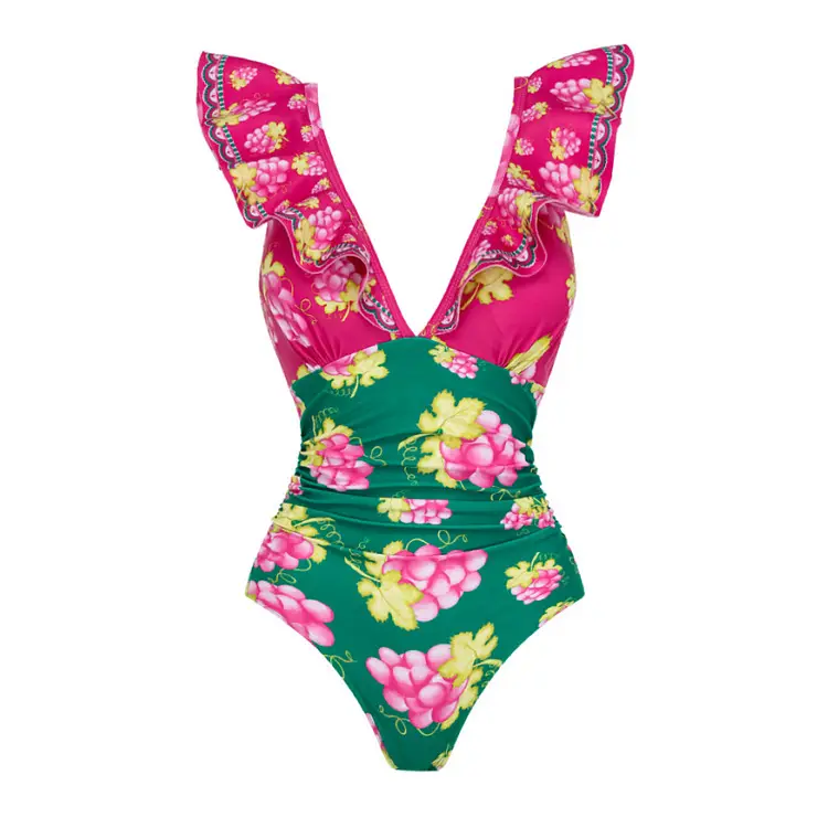 Women's Deep V-long Sleeved Retro Printed One Piece Swimsuit