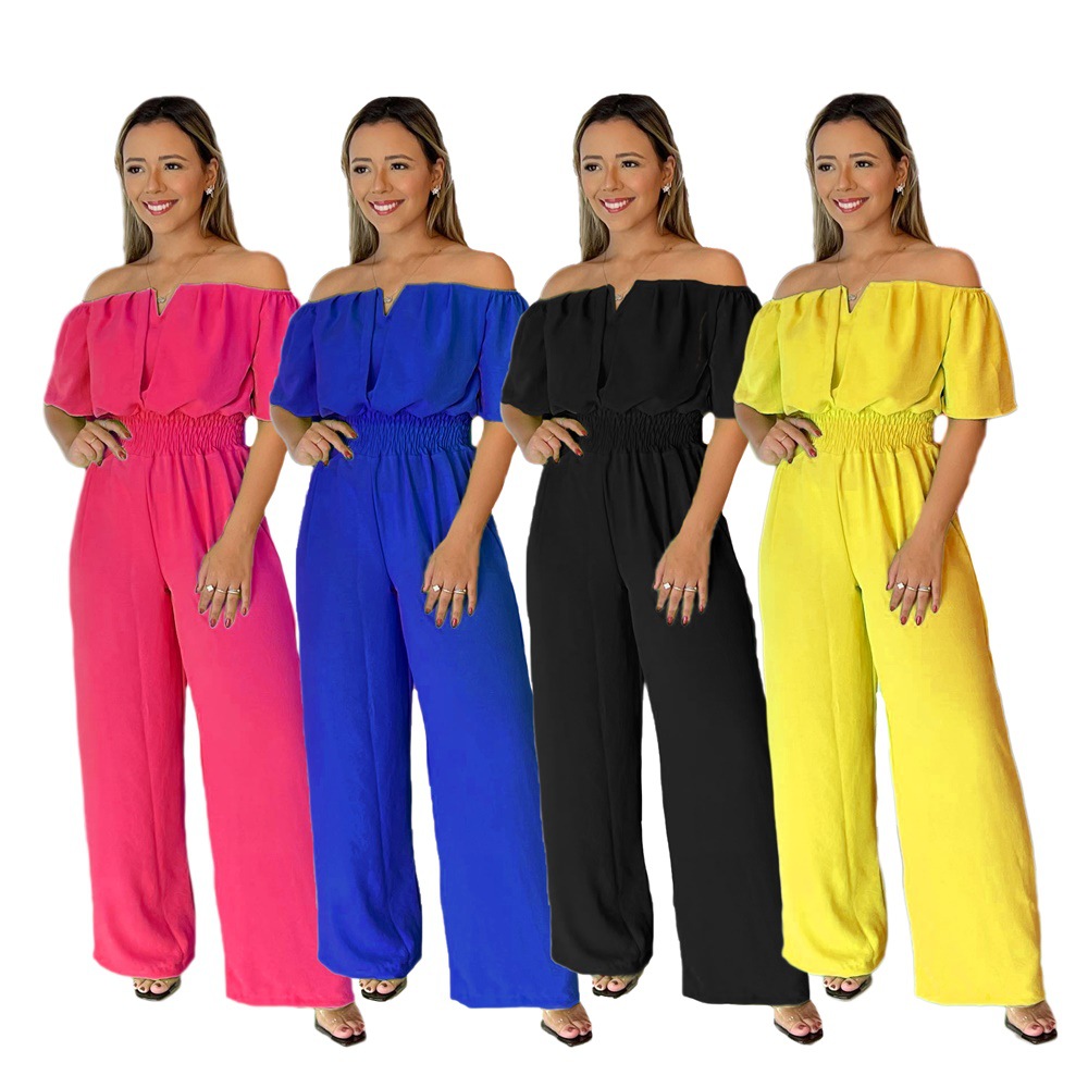 Crew-neck Waist-cinching Casual Relaxed-fit Straight-leg Jumpsuit