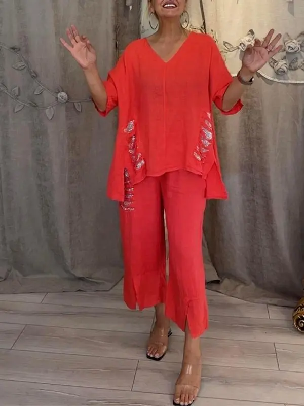 Women's Casual Cotton Linen V-neck Top Ripped Suit - Red