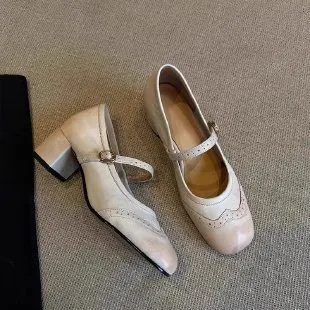 Carved High Heels Female Square Toe Genuine Leather All-match - Apricot