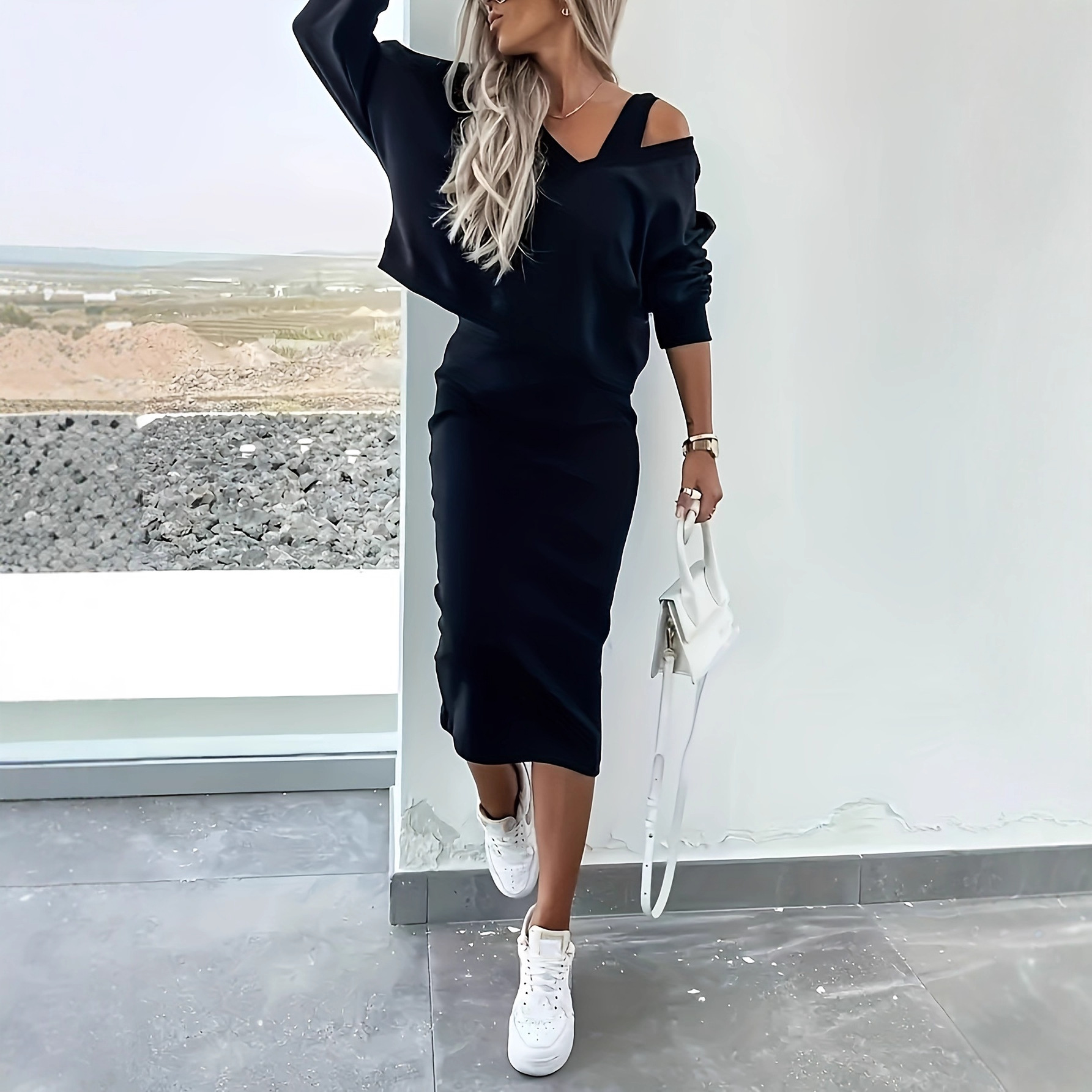 Womens Solid Color V-Neck Long-Sleeve Top And Casual Dress Two-Piece Set - Image 1