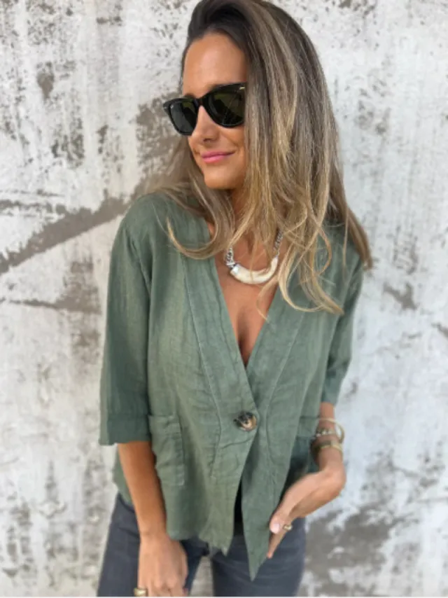 Casual Women's V neck Cotton And Linen Solid Color ShirtT shirt Army Green - Shop at LoveMi