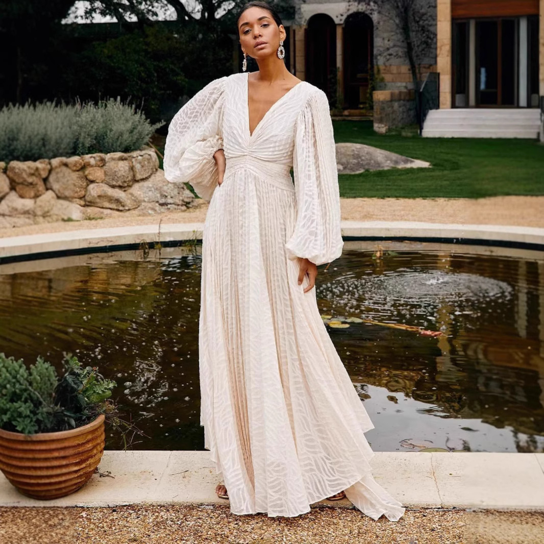 Womens Long-Sleeve Extra-Large Flared Pleated Lantern-Sleeve Dress