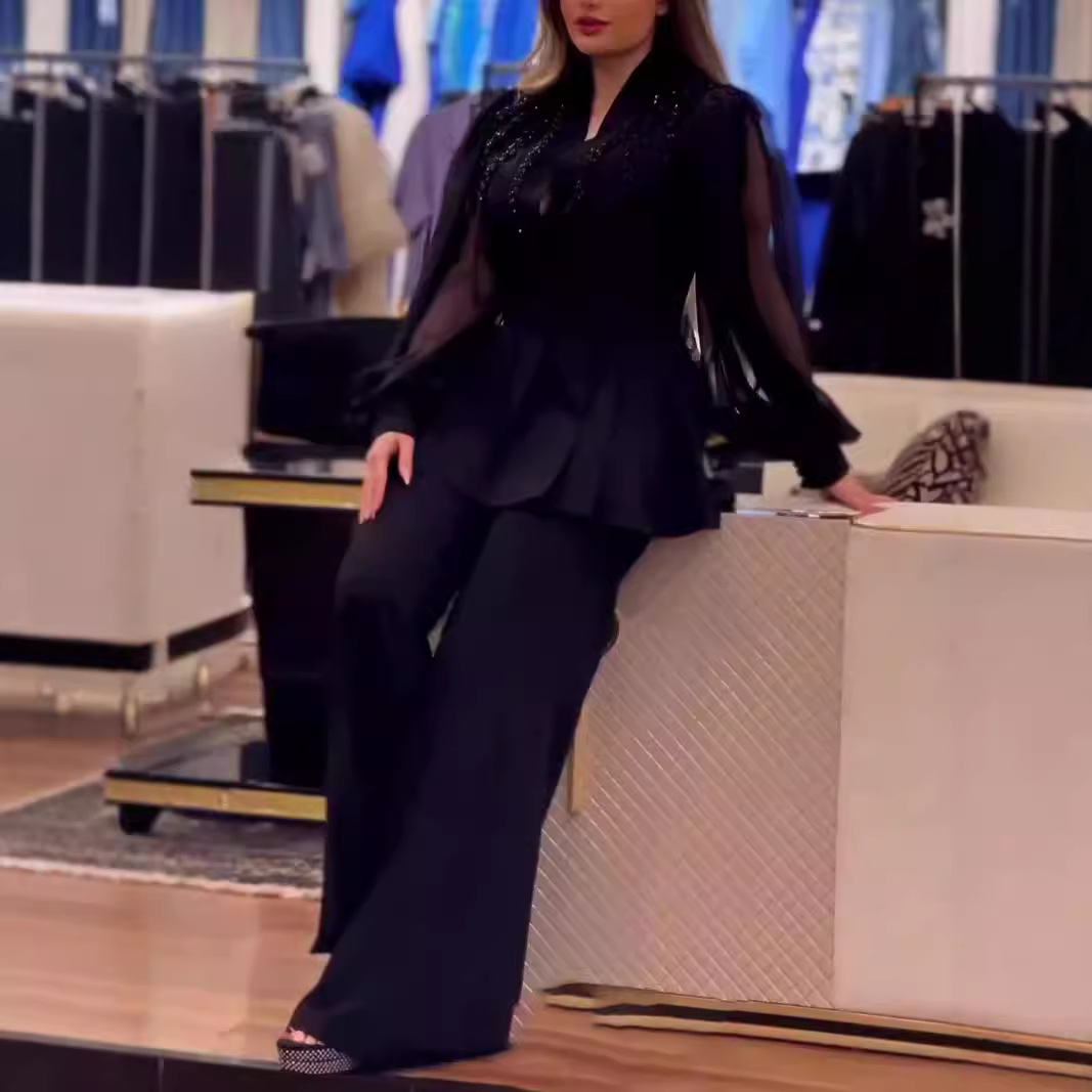 Women's High-grade Solid Color Temperament V-neck Top Casual Straight Pants Suit