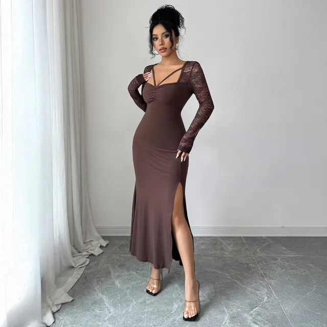 Women's Solid Color Elegant And Sexy Lace Bodycon Dress Brown - Shop at LoveMi