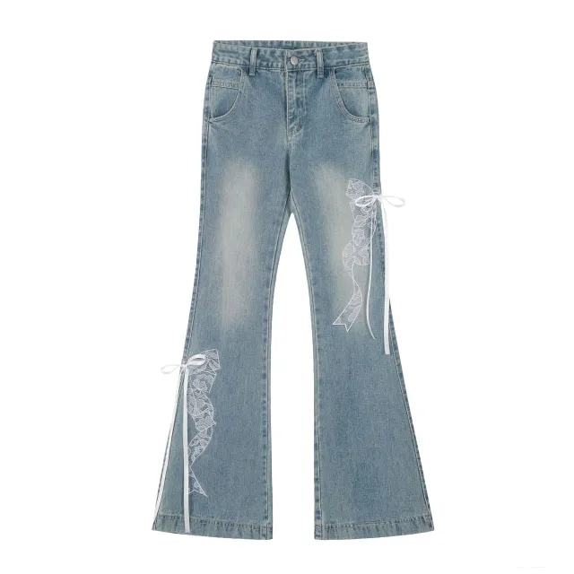 Butterfly Lace Stitching Design Jeans For Women Blue - Shop at LoveMi