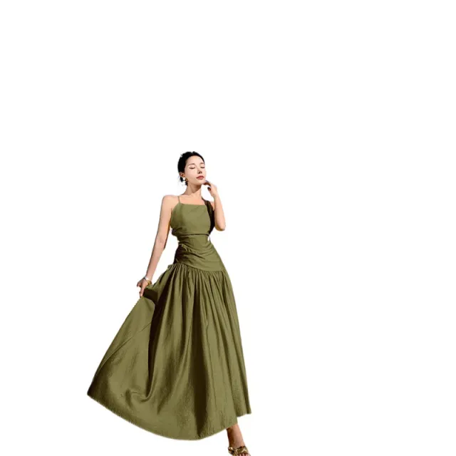 Sexy Backless Linen Asymmetric Oblique Shoulder Strap Dress Olive - Shop at LoveMi