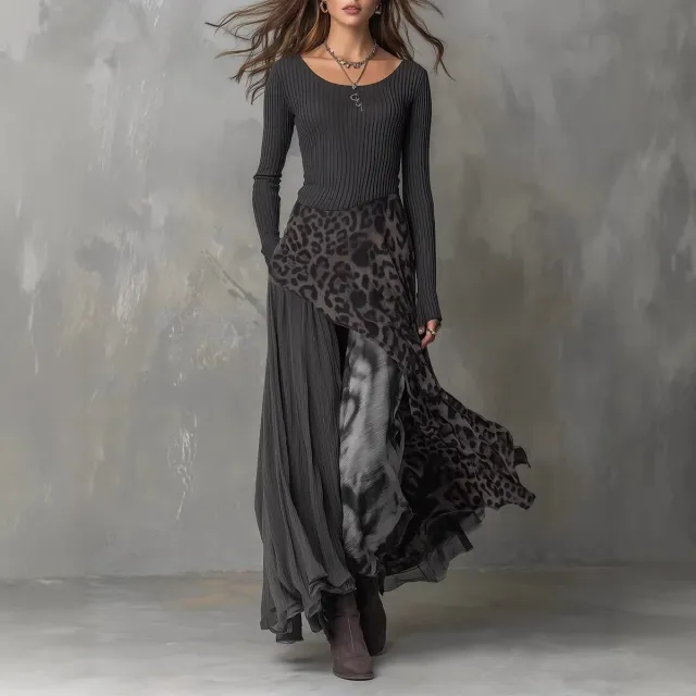 Leopard print Elastic Waist Maxi Dress Gray - Shop at LoveMi