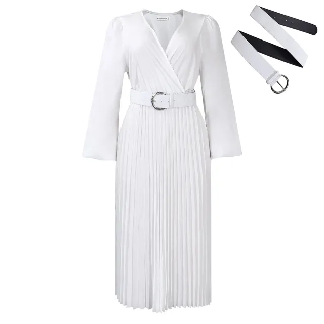 Long Sleeve V neck Pleated Midi Dress White Belt - Shop at LoveMi