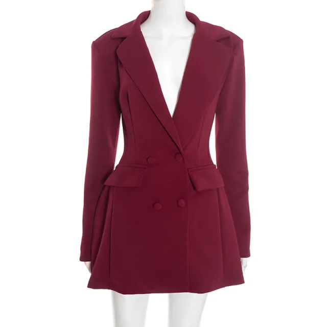 New style Casual Slim fit Suit Long sleeve Bud shaped Faux pocket Dress Wine - Shop at LoveMi