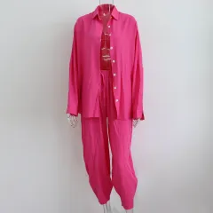 New Europe And America Cross Border Casual Suit Solid Colour Polo Collar Long Sleeve Shirt Top Harem Pants Two-piece Set - Rose Red - View 1