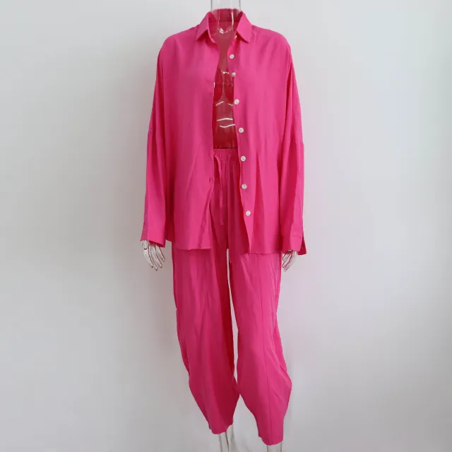 New Europe And America Cross Border Casual Suit Solid Color Polo Collar Long Sleeve Shirt Top Harem Pants Two piece Set Rose Red - Shop at LoveMi