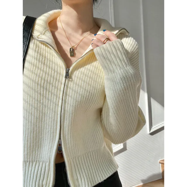 Sweater Small Cardigan Women's Short Preppy Style Stand Collar Zipper Sweater Spring And Autumn Thin Sweater Cream White - Shop at LoveMi