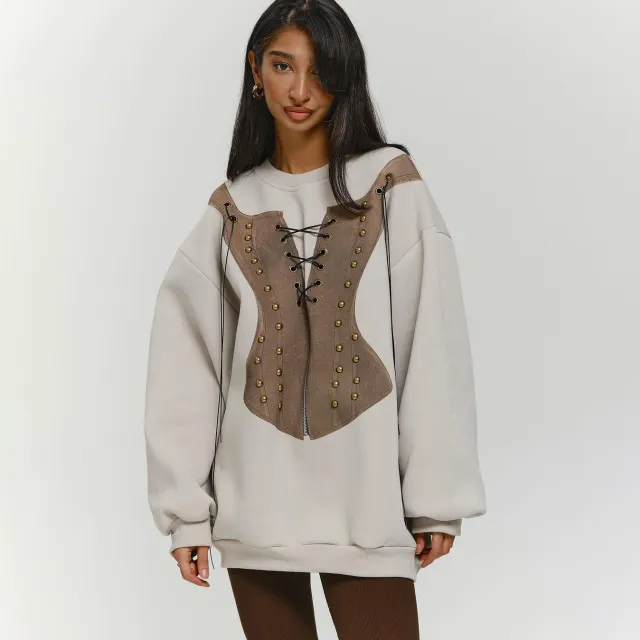 Fashion Loose Casual Contrast Color Round Neck Sweater Ls3555 Apricot - Shop at LoveMi