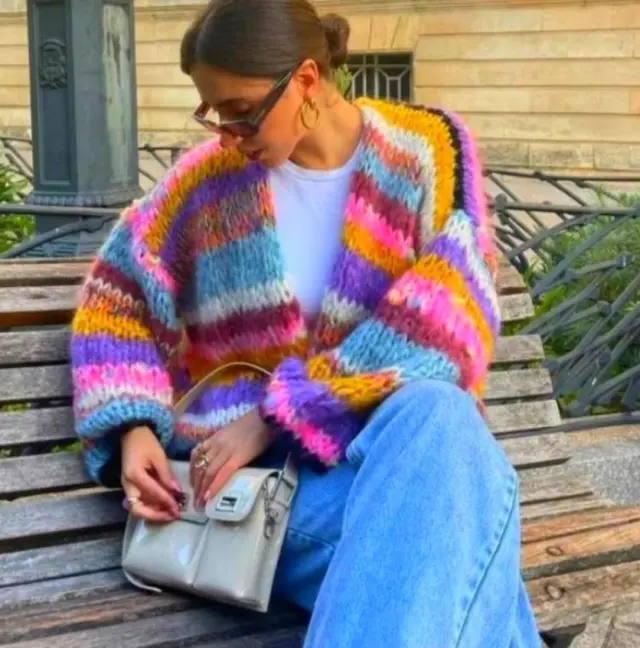 Women's Striped Long Sleeve Rainbow Plaid Cardigan Sweater Picture Color A - Shop at LoveMi