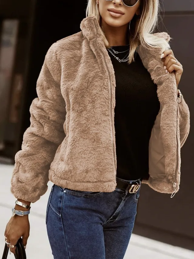 Summer Rabbit Fur Faux Leather Zipper Cardigan Plush Warm Coat Khaki - Shop at LoveMi