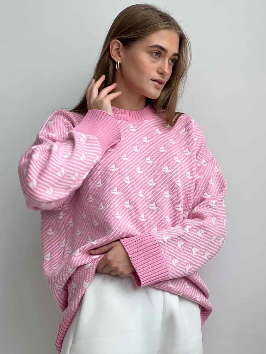 Round Neck Sailboat Sweater Loose Knitted Pullover - Pink