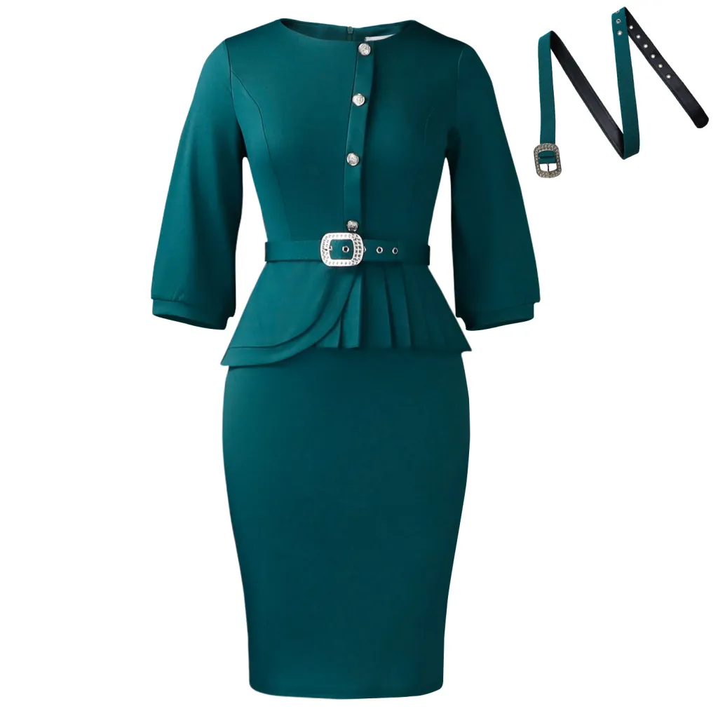 High-waisted Elegant Solid Colour Sheath Dress - Green