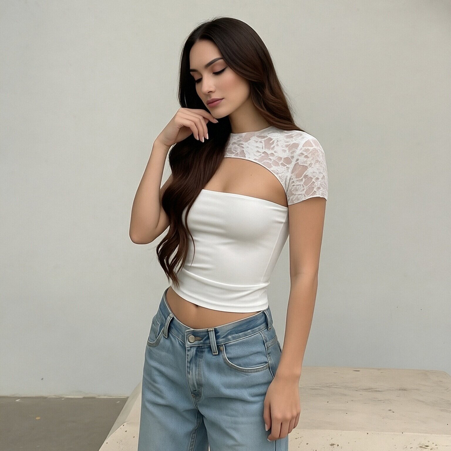 Womens Lace-Patchwork Short-Sleeve Slim-Fit Sexy Chic All-Match Top For Girls