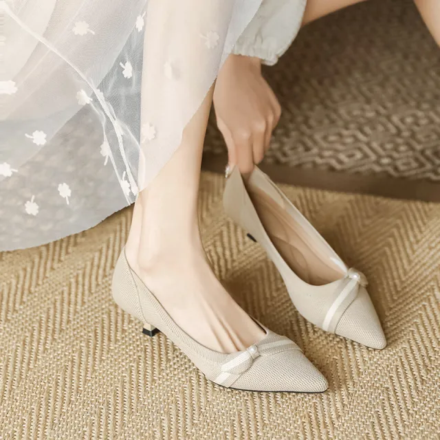 Woven Low cut Pointed toe Stilettos Knitted Shoes Apricot - Shop at LoveMi