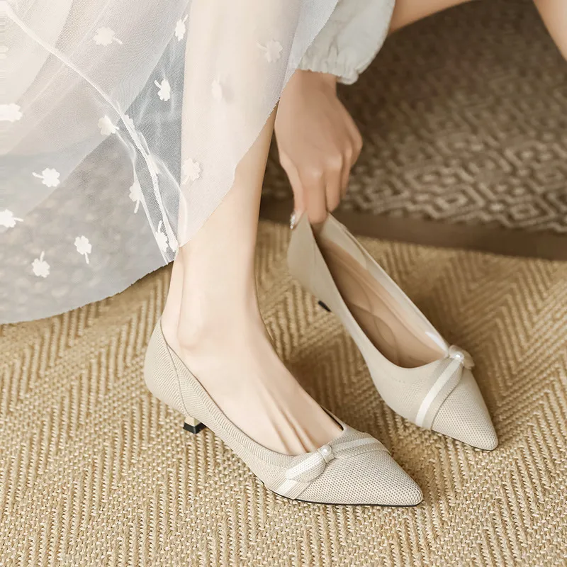 Woven Low-cut Pointed-toe Stilettos Knitted Shoes - Apricot