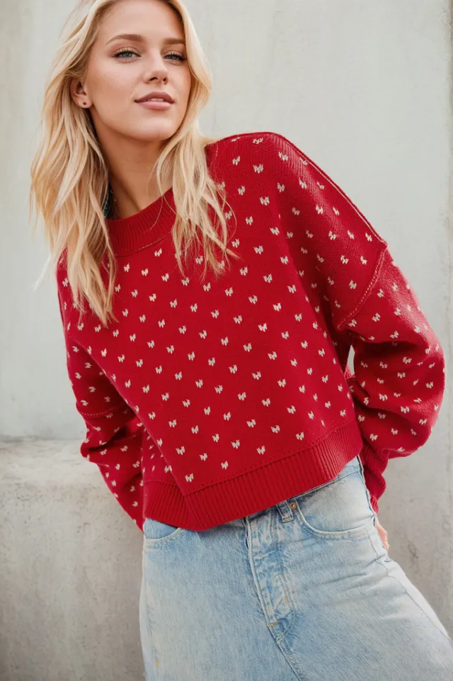 Women's Fashion Round Neck Sweater Short Loose Heart Pullover Sweater Red - Shop at LoveMi