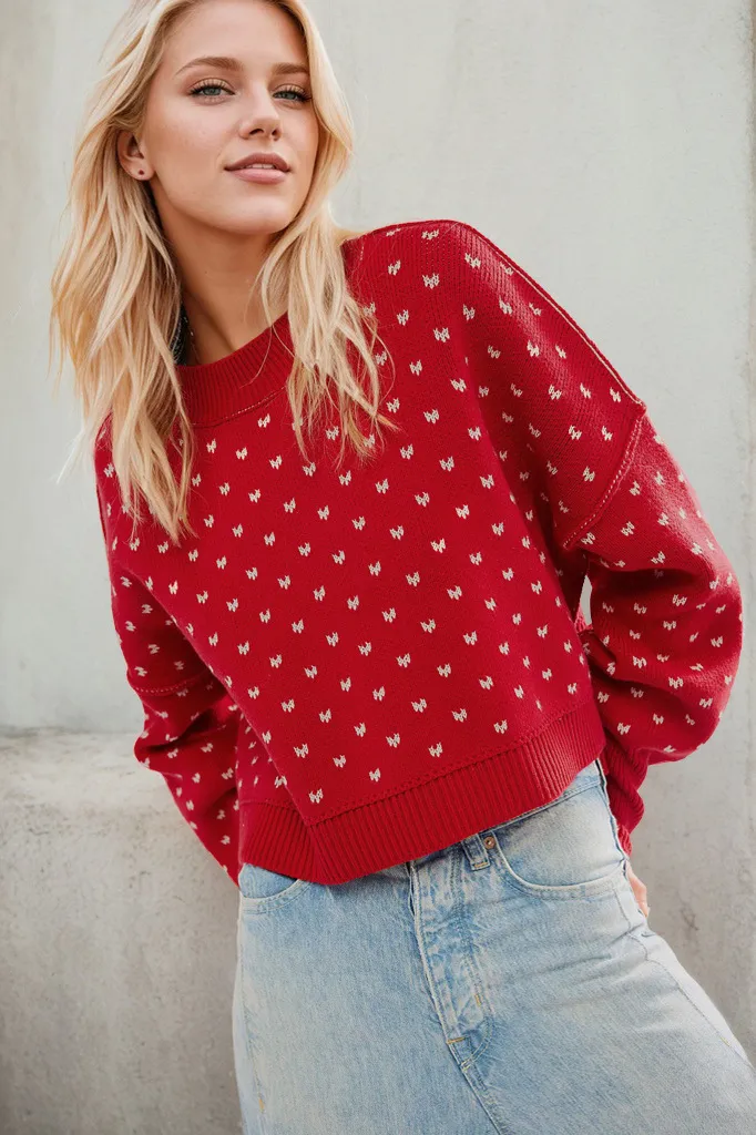 Women's Fashion Round Neck Sweater Short Loose Heart Pullover Sweater - Red