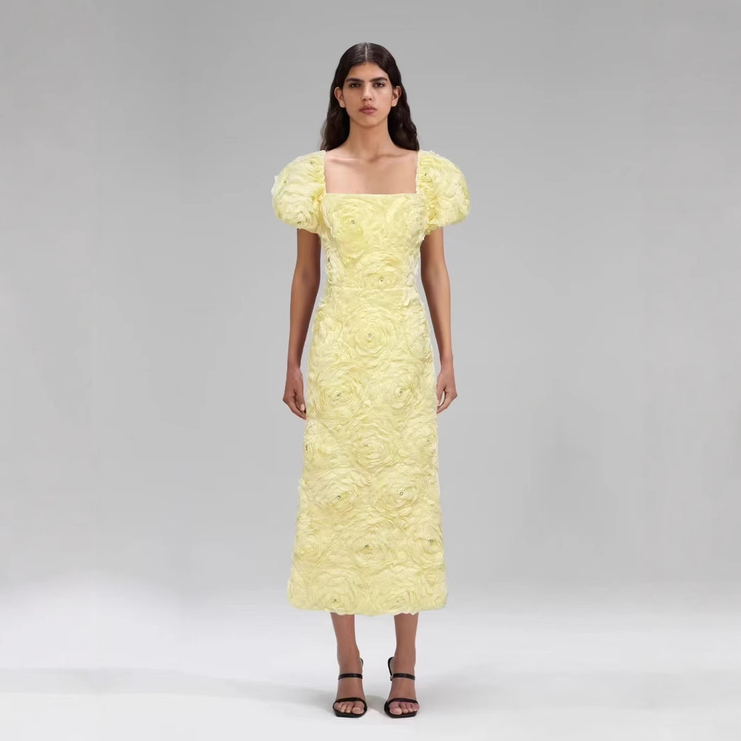 Three-dimensional Floral Square-neck Puffed-sleeve Short-sleeve Slim-fit Sheath Dress