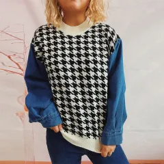 Women's Denim Sleeve Stitching Houndstooth Round Neck Long Sleeve Sweater - Beige - View 1