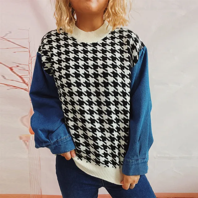 Women's Denim Sleeve Stitching Houndstooth Round Neck Long Sleeve Sweater Beige - Shop at LoveMi