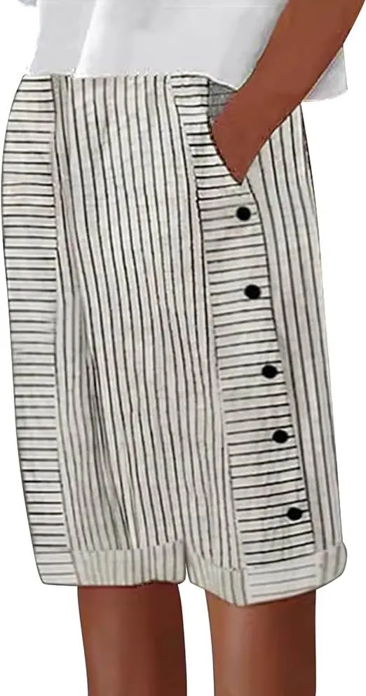 Women's Comfortable Striped Casual Shorts Beige - Shop at LoveMi